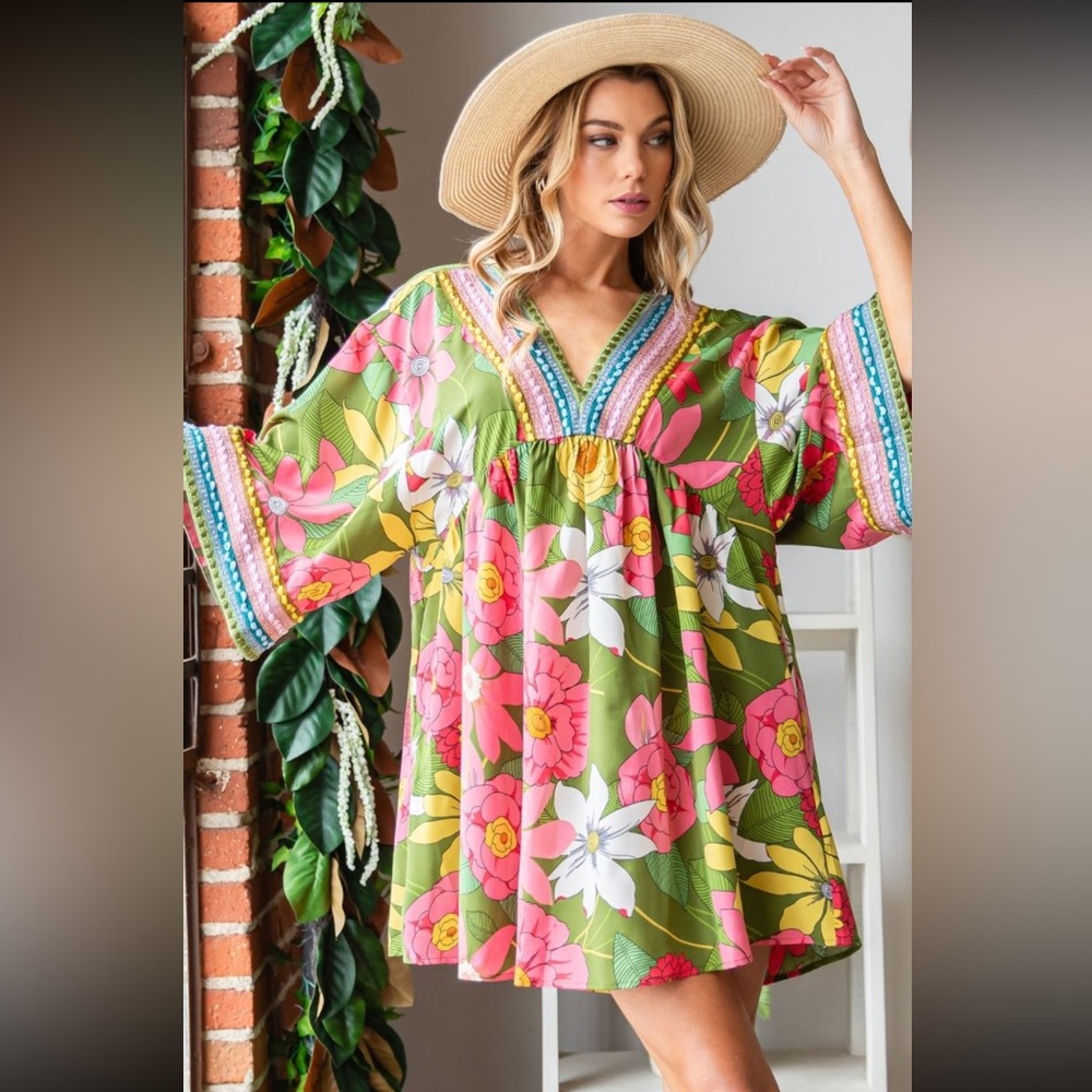 Green and Pink Flutter Sleeve Mini Sundress